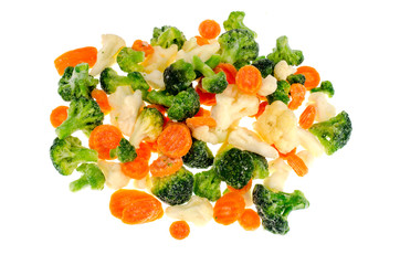 Frozen broccoli, cauliflower, carrots on white background