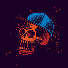 The skull is in the cap. Vector illustration in neon style. T-shirt or sticker design.