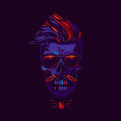 Hipster skull with glasses. Original vector illustration in neon style. T-shirt or sticker design.