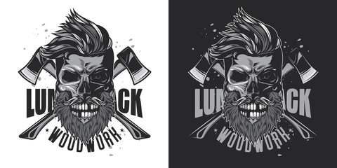 Skull lumberjack with beard and mustache on the background of axes. Monochrome vector illustration on white and dark background.