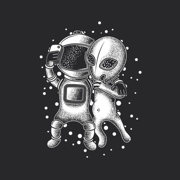 Astronaut taking a photo on the phone with an alien.  Original monochrome vector illustration. Design on t-shirt or stickers.