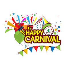 Happy Carnival Festive Concept with clown, trumpet, and balloon. Designs for posters, backgrounds, cards, banners, stickers, etc
