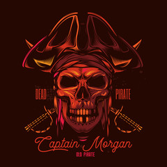 Pirate skull in a cocked hat with sabre in the background. Vintage vector illustration