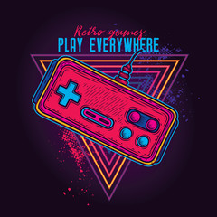 Retro gamepad from 8-bit consoles. Vector illustration in neon style.