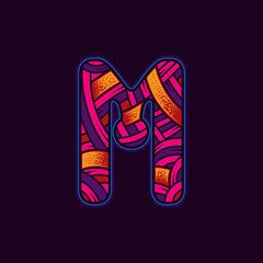 Letter M in the original neon style. Vector design element isolated on dark background.