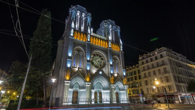 Basilique Notre-Dame de l Assomption at night located on Avenue Jean Medecin timelapse hyperlapse in Nice, France.