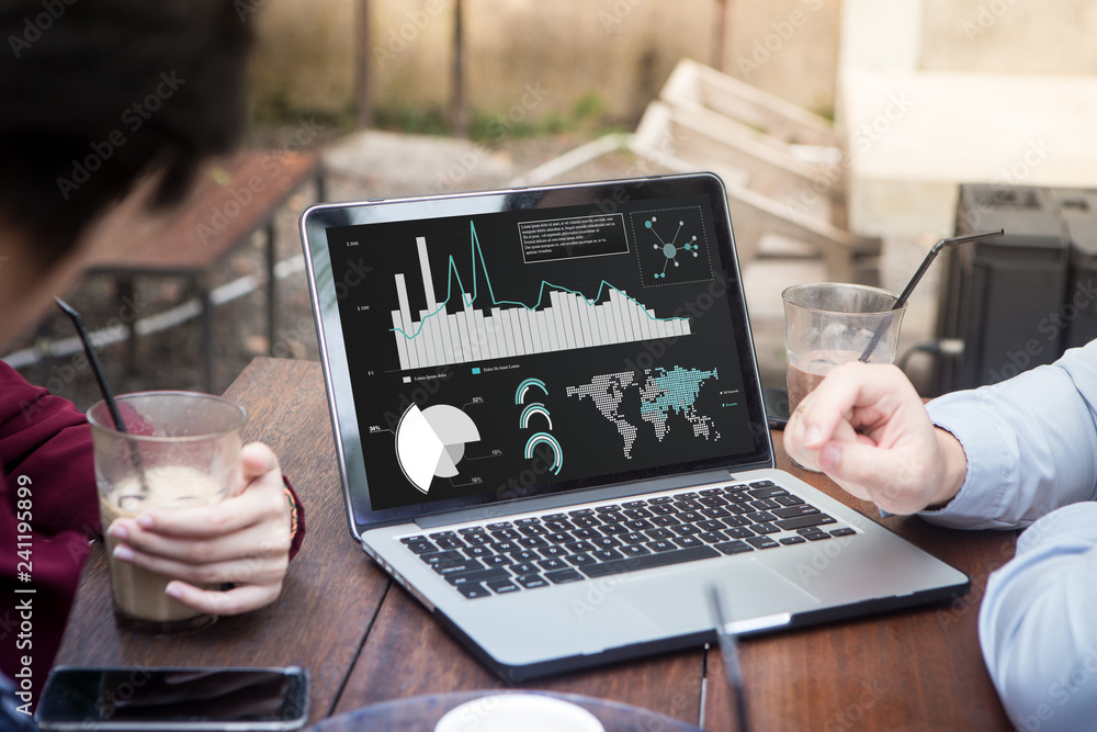Poster business people using laptop analyzing statistics data on laptop screen, working with graphs charts 