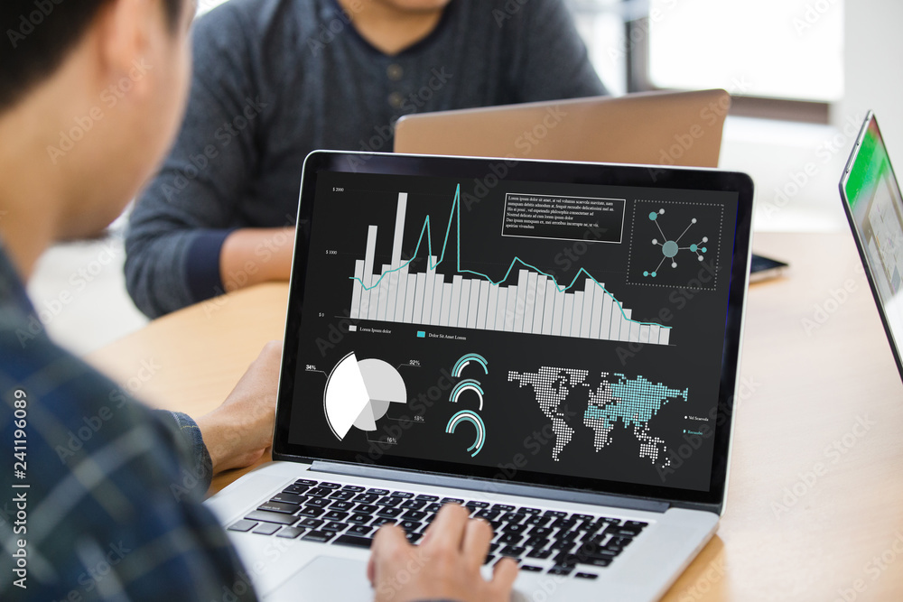 Poster businessman using laptop analyzing statistics data on laptop screen, working with graphs charts onli