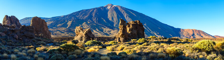 Great amazing panorama of the Teide volcano and the rocks of Garcia Roques. Tenerife. Canary Islands..Spain