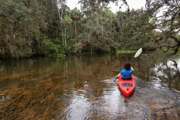 Fototapeta na wymiar Adventurous girl kayaking on a river covered with trees. Taken in Chassahowitzka River, located West of Orlando, Florida, United States.