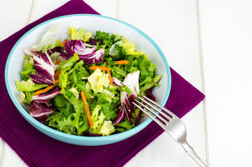 Salad from mix of herbs (iceberg, radiccio, friis, romance, carrot, arugula). Vegetarian, vegan concept