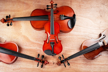 The smallest size of violin put on the bigger size,show detail of violin,on wooden board