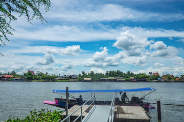 Beautiful River view of mae klong river with longtail boat From river pier at Samut Songkhram Thailand