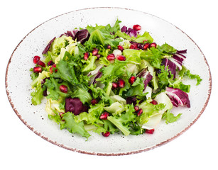 Plate with fresh lettuce leaves isolated on white background