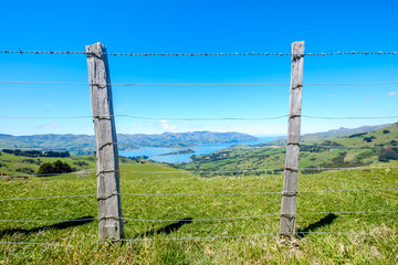 A barbed wire fence separates Akaroa, New Zealand. This is popular retreat among tourist, travelers and locals. There are green hills, blue sea, farm, bay, peninsula, mountains and charming town.