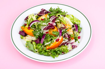 Plate with salad on bright background