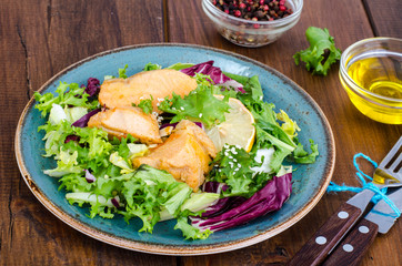 Concept of healthy food. Salad with green leaves and boiled salmon