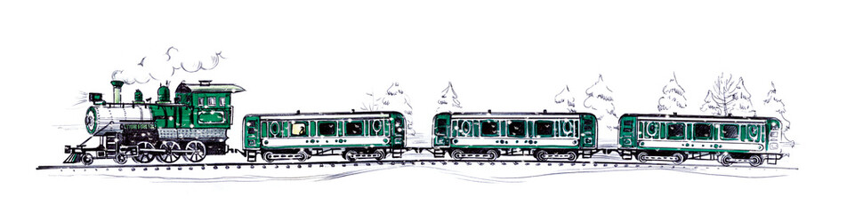 An old green steam train and three cars under falling snow in a snowy forest. Drawing a ballpoint pen and felt-tip pen © iuliiawhite