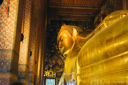 Reclining Buddha statue in Thailand Buddha Temple Wat Pho , Asian style Buddha Art