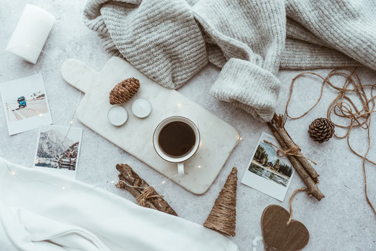 Hand Holding Coffee Cup, Top View, Winter Theme