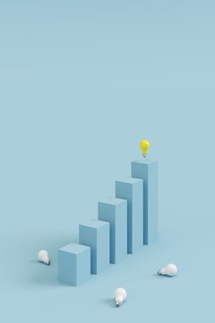 success concept. outstanding yellow light bulb on top blue column and white light bulb falling on blue background. minimal style.
