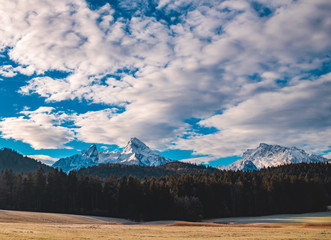 Fototapeta na wymiar Beautiful alpine winter view with the famous Watzmann summit near Berchtesgaden-Bavaria-Germany