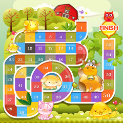 Board game with farm background, A colourful boardgame with numbers, Vector illustration