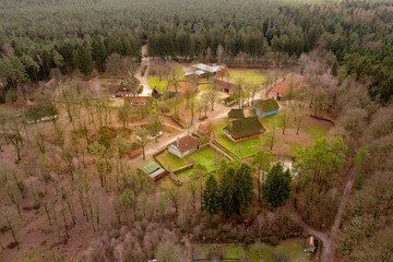Overview from a height of 80 metres over the Hösseringen open-air museum in the Lünebürger Heide...