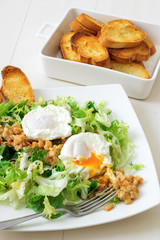 Classic French salad, great salad Lyonnaise. Dish with green leaves of lettuce, Dijon mustard sauce with pieces of fried bacon, grilled French bread, toasts and 2 poached eggs on the top.