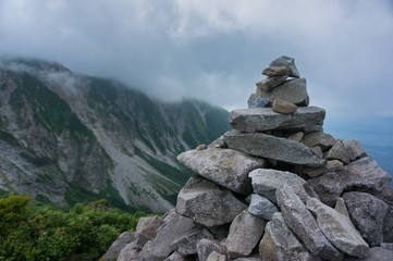 Fototapeta na wymiar cairn in mountains, Mt. Daisen, Japan