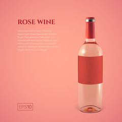 Photorealistic bottle of rose wine on a pink background. Mock up transparent bottle of wine. Template for product presentation or advertising in a minimalistic style.