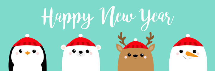Happy New Year. White polar bear Snowman Raindeer Deer Penguin bird face head icon set. Merry Christmas. Cute cartoon kawaii funny baby character. Greeting card. Flat design Blue background.