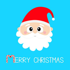 Merry Christmas. Santa Claus round head face. Happy New Year. White moustaches, beard. Red hat. Cute cartoon funny kawaii baby character. Greeting card. Flat design. Blue background.