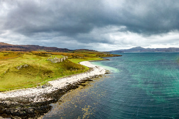 Aerial of the Clagain Coral Beach on the Isle of Skye - Scotland