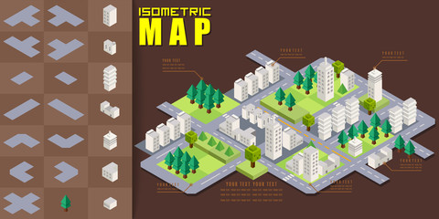 Isometric block map construction elements set for game resource, Building city map urban furniture element traffic flat 3d, Vector illustrator