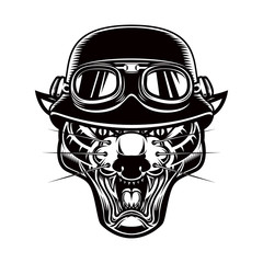 Illustration of pantera head in biker helmet. Design element for logo, label, emblem, sign, poster, t shirt.