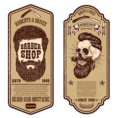 Barber shop flyer template. Barber's skull and tools on grunge background. Design element for emblem, sign, poster, card, banner.