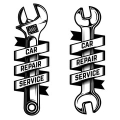 Car repair service emblem template. Wrench with ribbon banner. For logo, label, sign, poster, card.