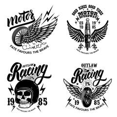 Set of racer emblem templates with motorcycle motor, wheels. wings. Design element for logo, label, emblem, sign, poster, t shirt.