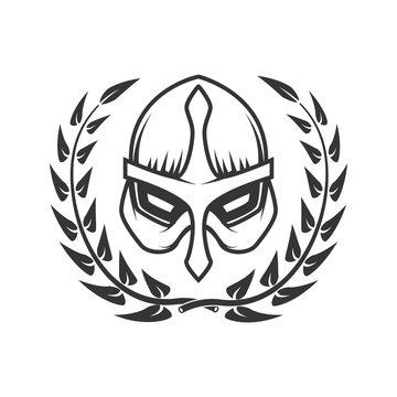 Medieval warrior helmet with wreath. Design element for logo, label, emblem, sign.
