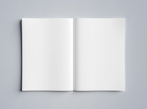 Isolated white open magazine mockup on grey 3D rendering