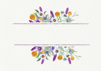 Wedding frame of wild flowers. Waterclor. Flower arrangement. Greeting card template design. Invitation background.
