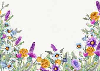 Fototapeta na wymiar Wedding round frame of wild flowers. Watercolor. Flower arrangement. Greeting card template design. Invitation background.