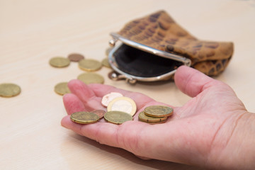 hand with coins and wallet, savings and pensions concept