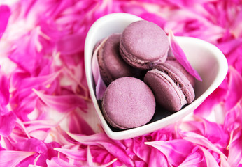 Obraz na płótnie Canvas Pink peony petals with macarons