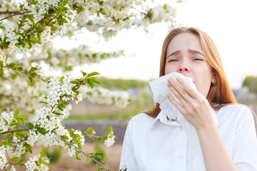 Outdoor shot of displeased Caucasian woman feels allergy, holds white tissuue, stands near tree...