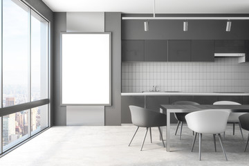 Modern kitchen interior with banner