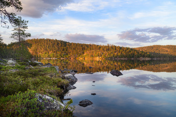 Beautiful lake at Lapland.Midnight sun.