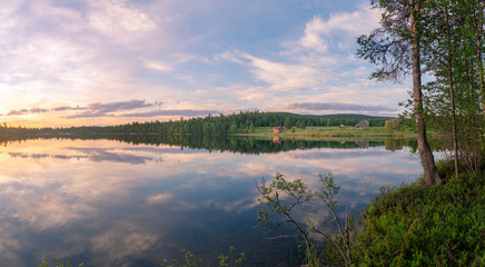 Beautiful lake at Lapland.Midnight sun.