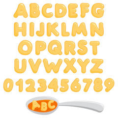 Alphabet pasta font and spoon with alphabet soup on white background. Vector illustration
